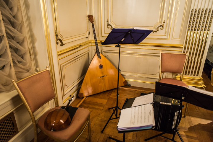  Traditional Russian musical instruments await their players: the balalaika, center, and domra, left, are among the most common. 